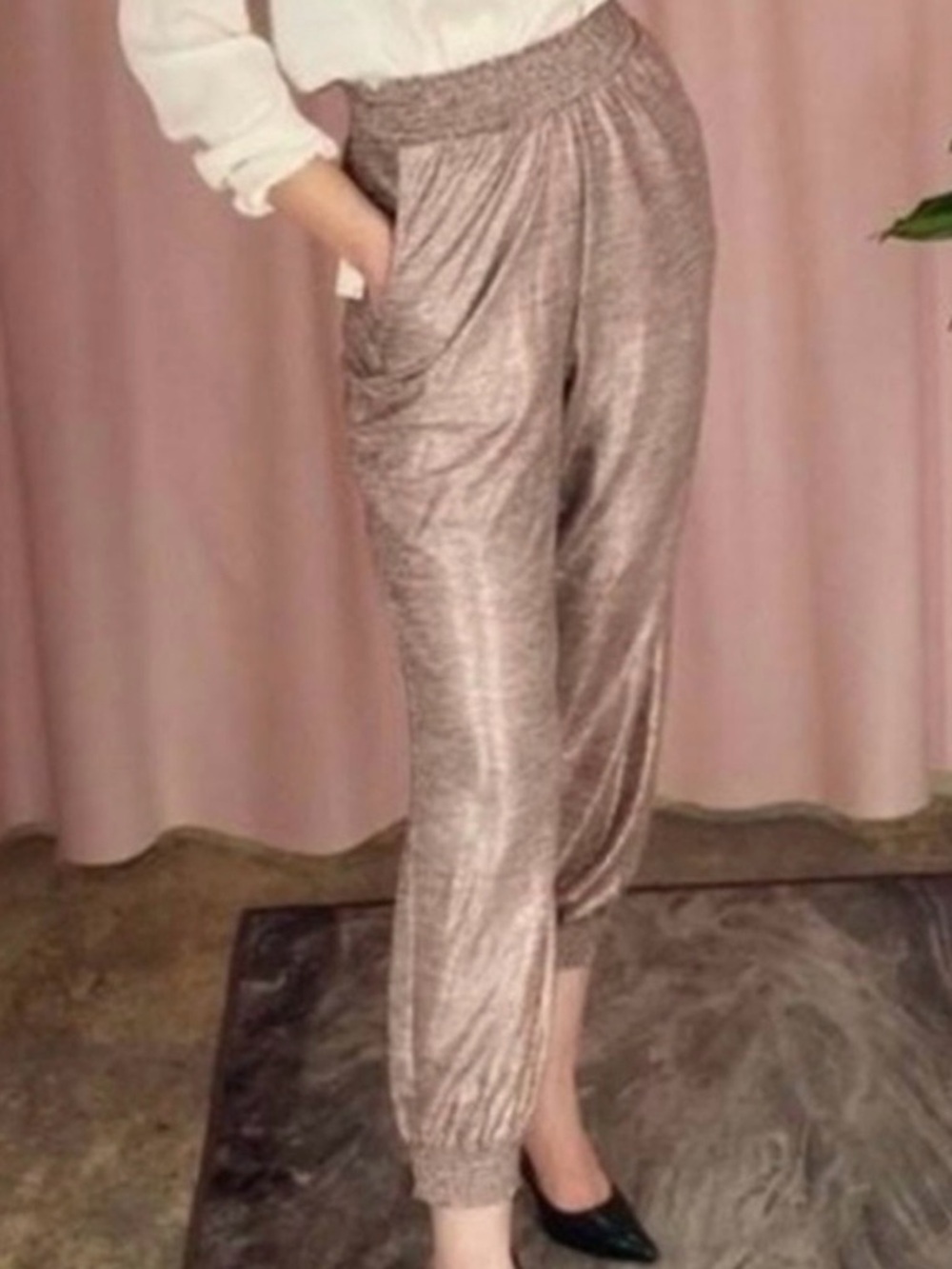 ANTHROPOLOGIE  ROSE
PINK METALLIC JOGGER
HAREM PANTS    #C0